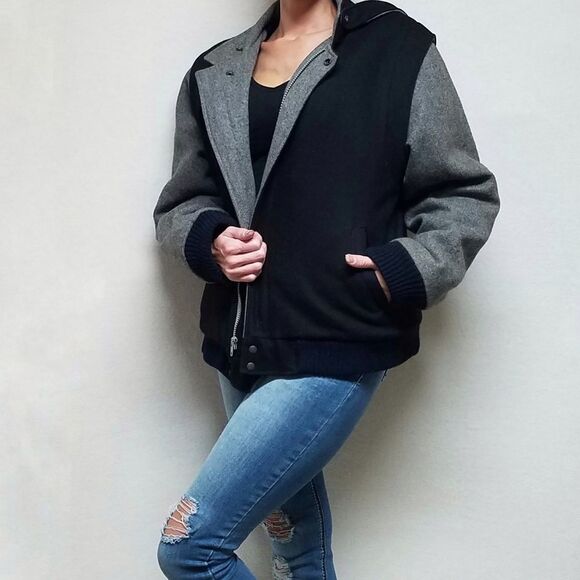 Vintage 80s Horizon Outerwear Black Gray Wool Filled Puffer Bomber Jacket Medium - Picture 2 of 16